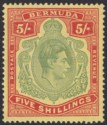 Click for more photos and details Bermuda 1946 KGVI 5sh Dull Green and Pale Red on Pale Yellow p14 UM Mint SG118e