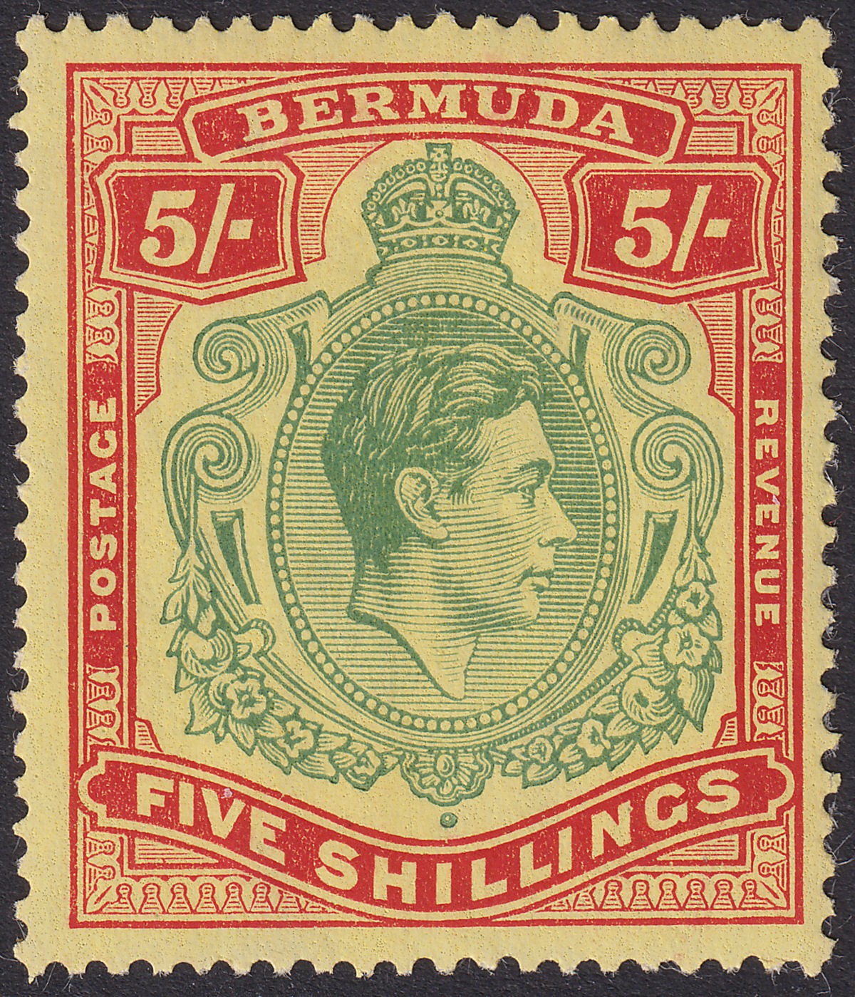 Bermuda 1937 KGVI 5sh Green and Red on Yellow p14 Mint SG118 cat £100