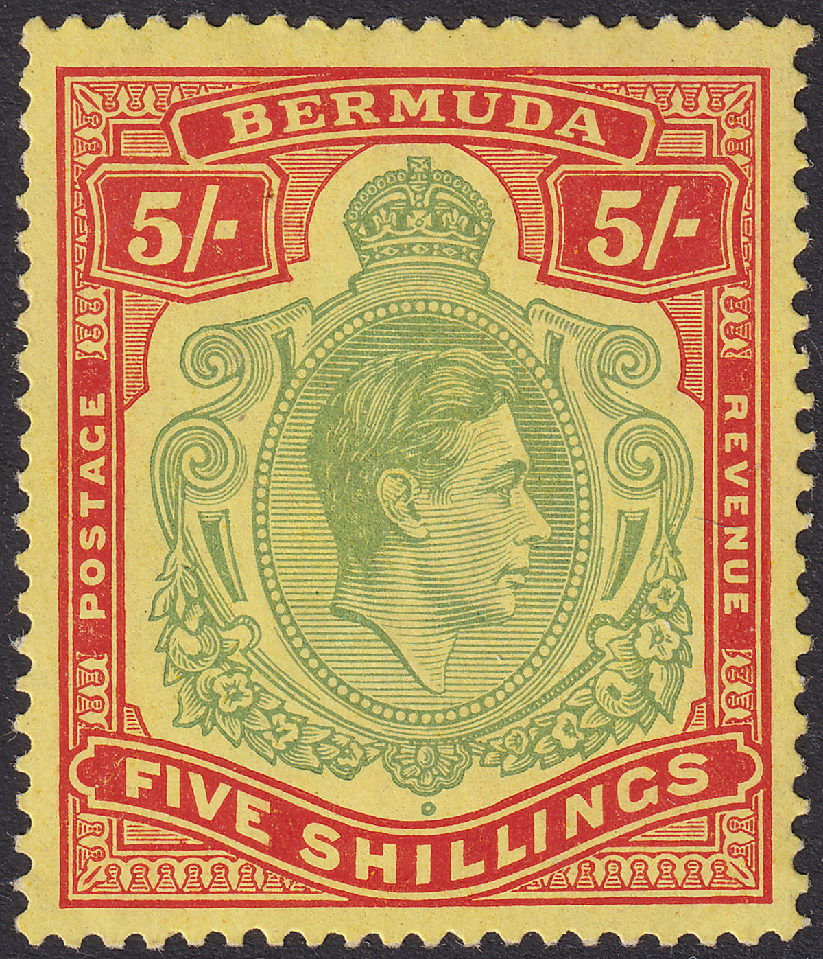 Bermuda 1939 KGVI 5sh Pale Green and Red on Yellow p14 Mint SG118a cat £350