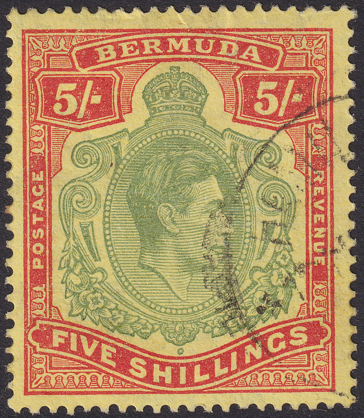 Bermuda 1946 KGVI 5sh Dull Green and Pale Red on Pale Yellow p14 Used SG118e