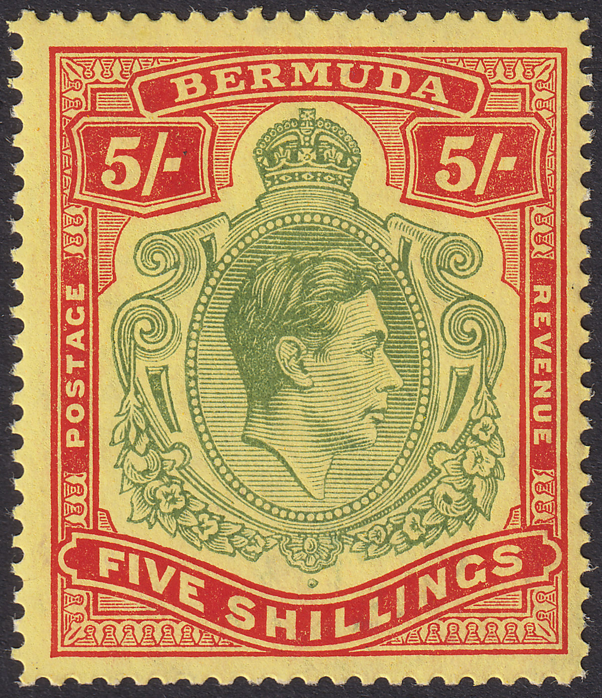 Bermuda 1941 KGVI 5sh Dull Yellow-Green + Red on Yellow p14¼ Mint SG118b cat£225