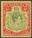 Click for more photos and details Bermuda 1941 KGVI 5sh Dull Yellow-Green + Red on Yellow p14¼ Mint SG118b cat£225