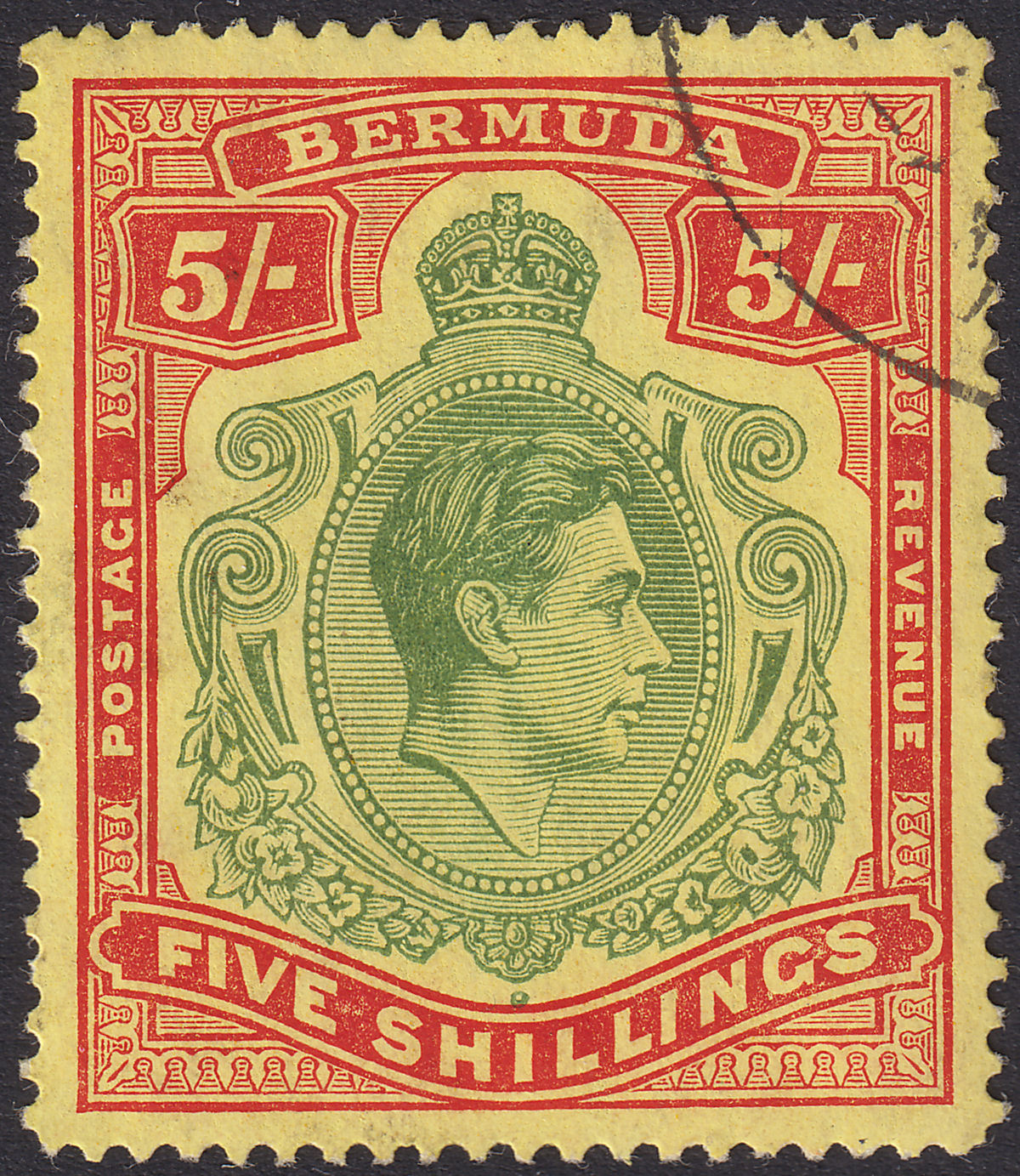 Bermuda 1941 KGVI 5sh Dull Yellow-Green + Red on Yellow p14¼ Used SG118b cat £35