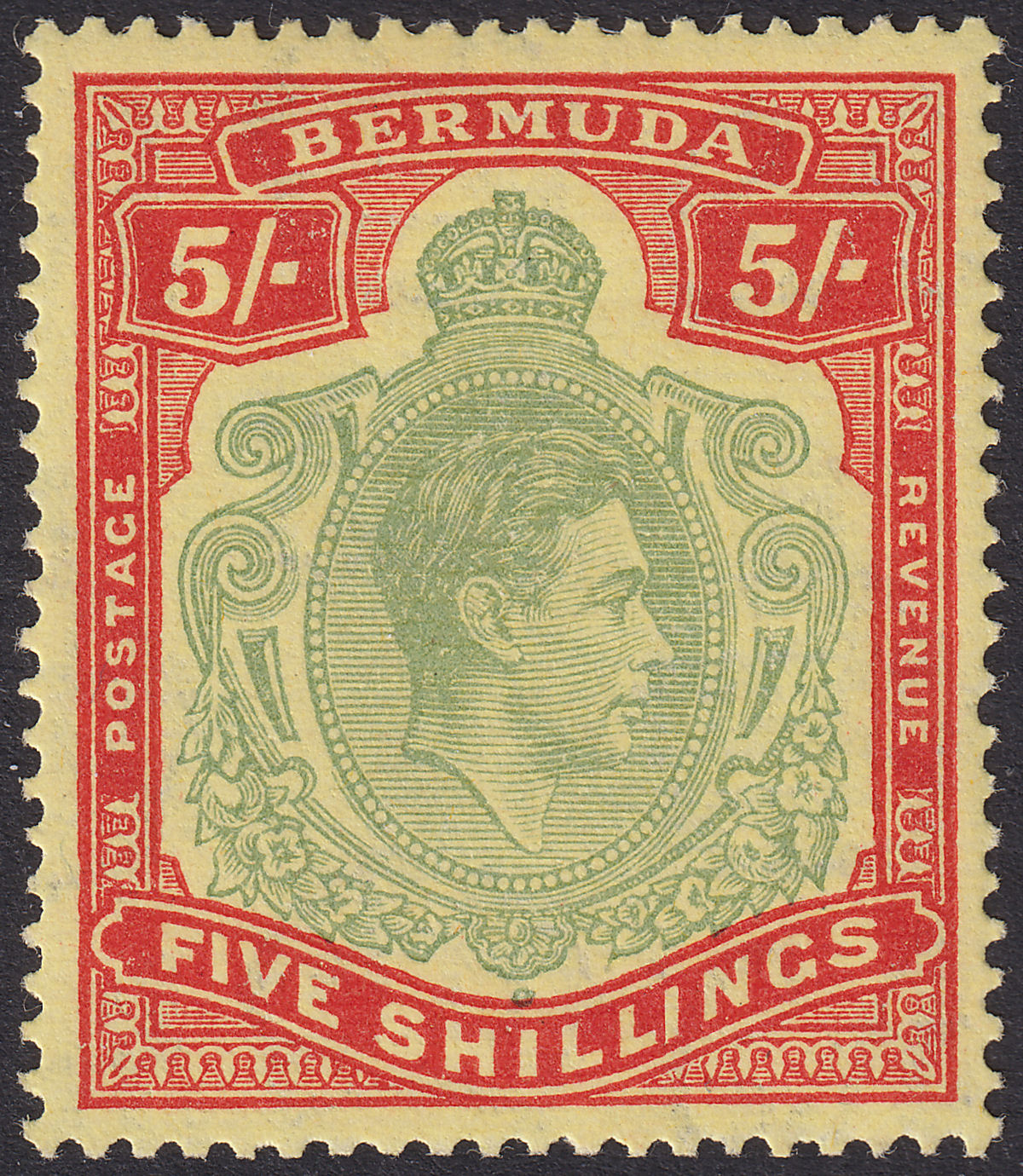 Bermuda 1943 KGVI 5sh Bluish-Green + Carmine-Red on Pale Yellow p14 Mint SG118d
