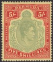 Click for more photos and details Bermuda 1943 KGVI 5sh Bluish-Green + Carmine-Red on Pale Yellow p14 Mint SG118d