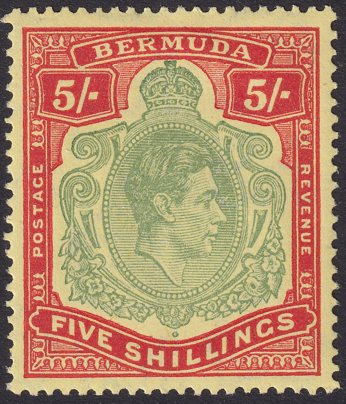Bermuda 1944 KGVI 5sh Dull Green and Red on Pale Yellow p14 Mint SG118e cat £45