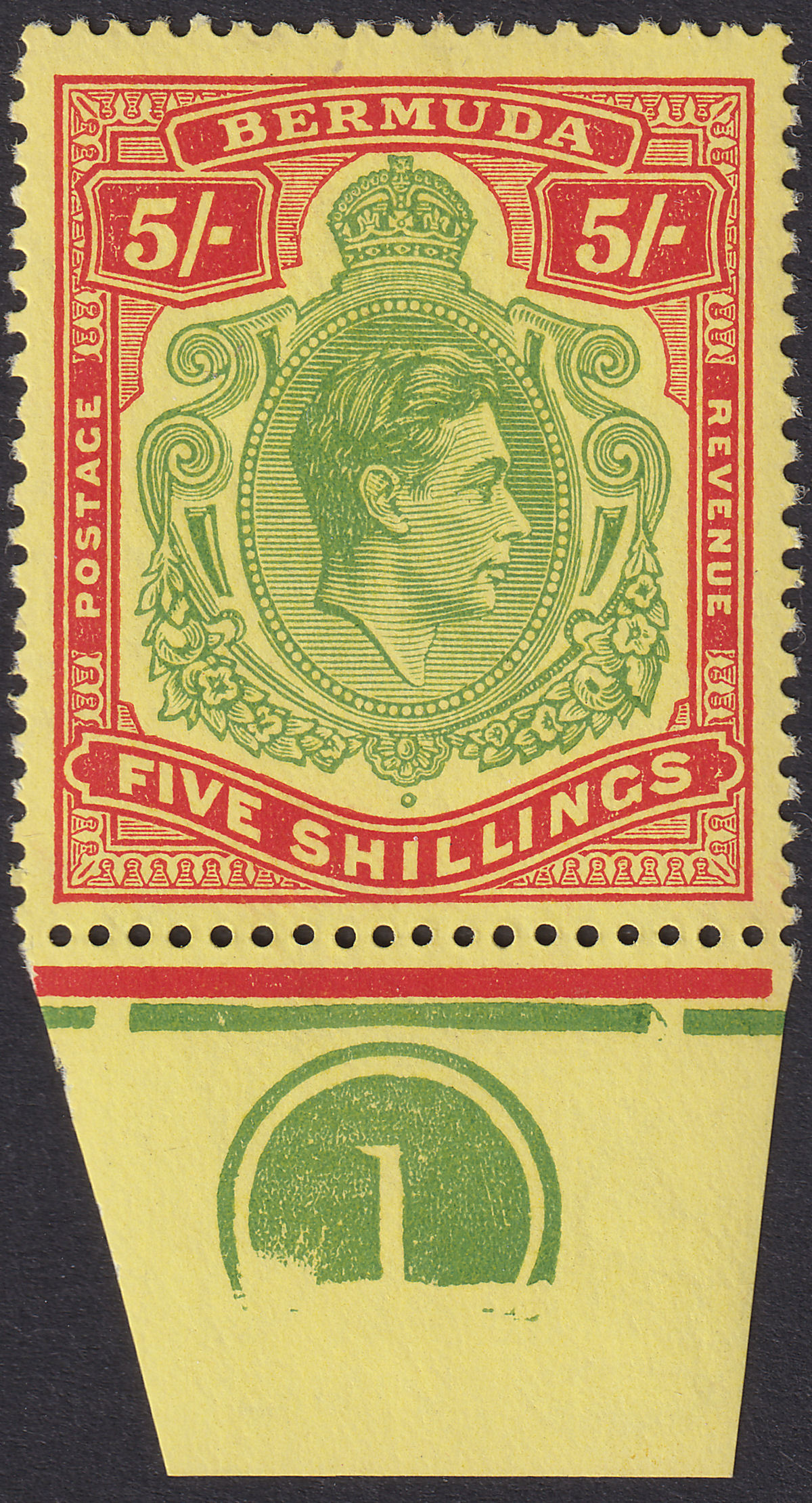 Bermuda 1950 KGVI 5sh Deep Green + Bright Red on Yellow p13 w Plate Mint SG118g