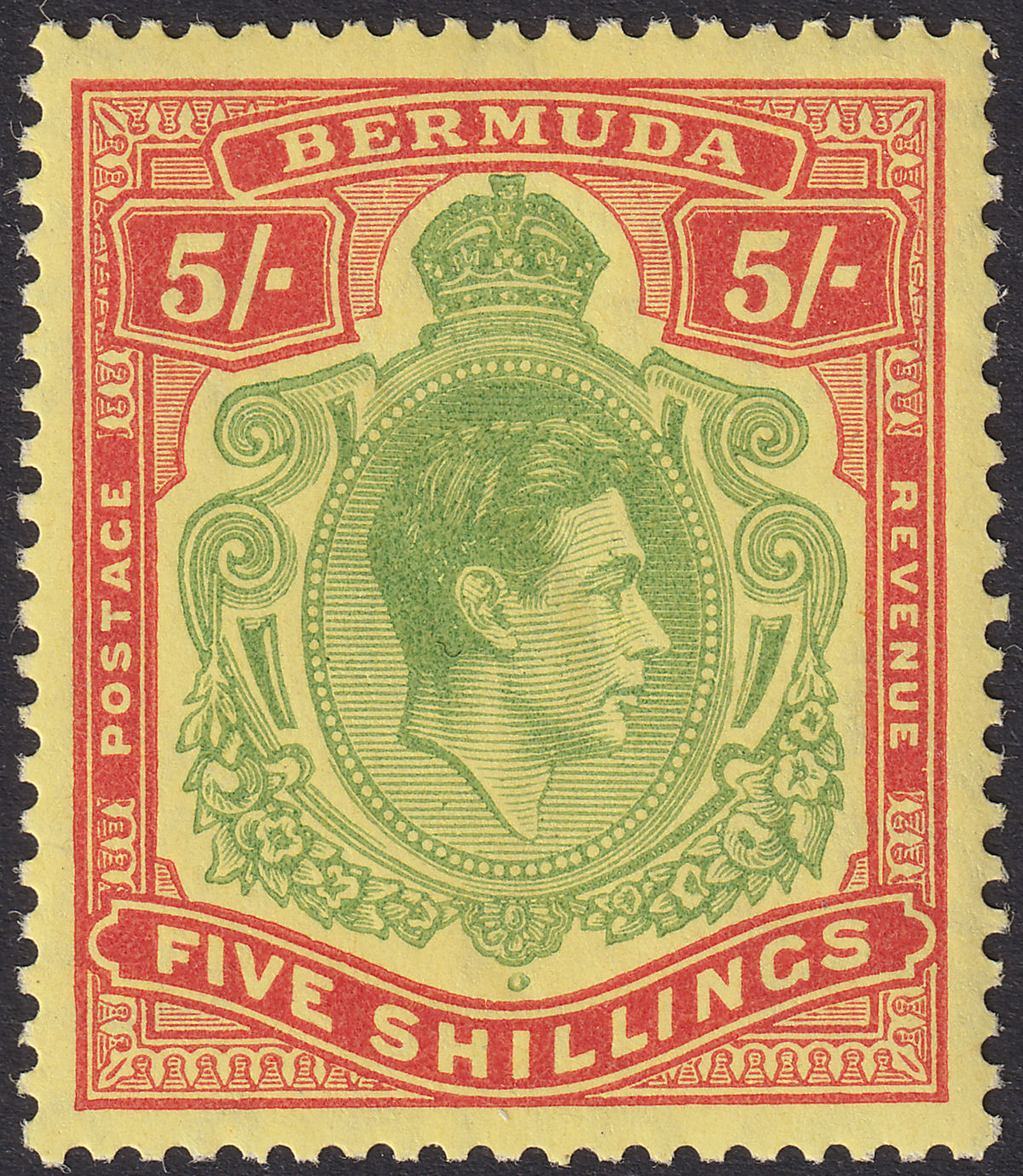 Bermuda 1949 KGVI 5sh Yellow-Green + Red on Pale Yellow p13 Mint SG118f cat £32