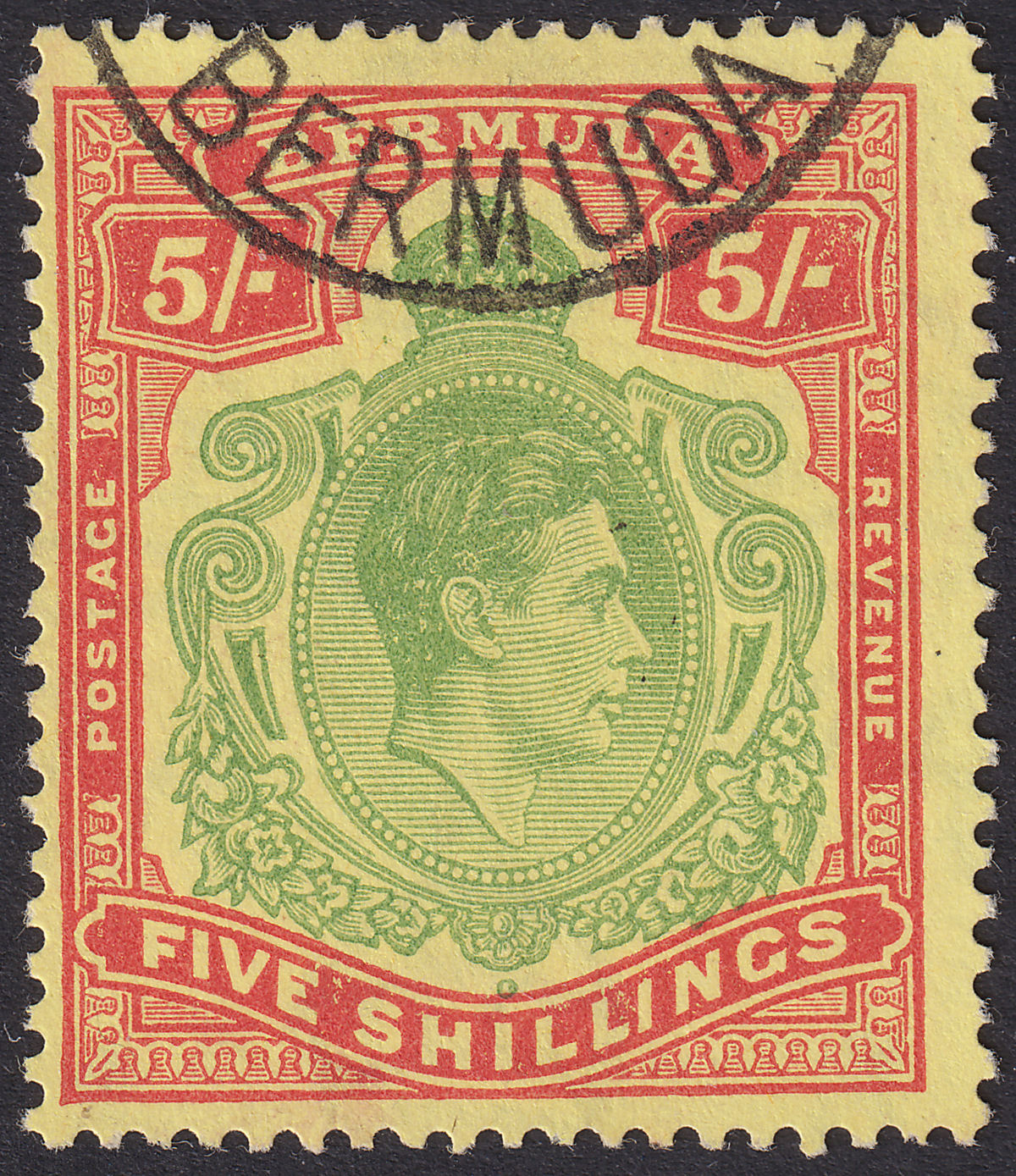 Bermuda 1949 KGVI 5sh Yellow-Green + Red on Pale Yellow p13 Used SG118f cat £42