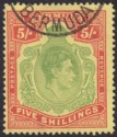 Click for more photos and details Bermuda 1949 KGVI 5sh Yellow-Green + Red on Pale Yellow p13 Used SG118f cat £42