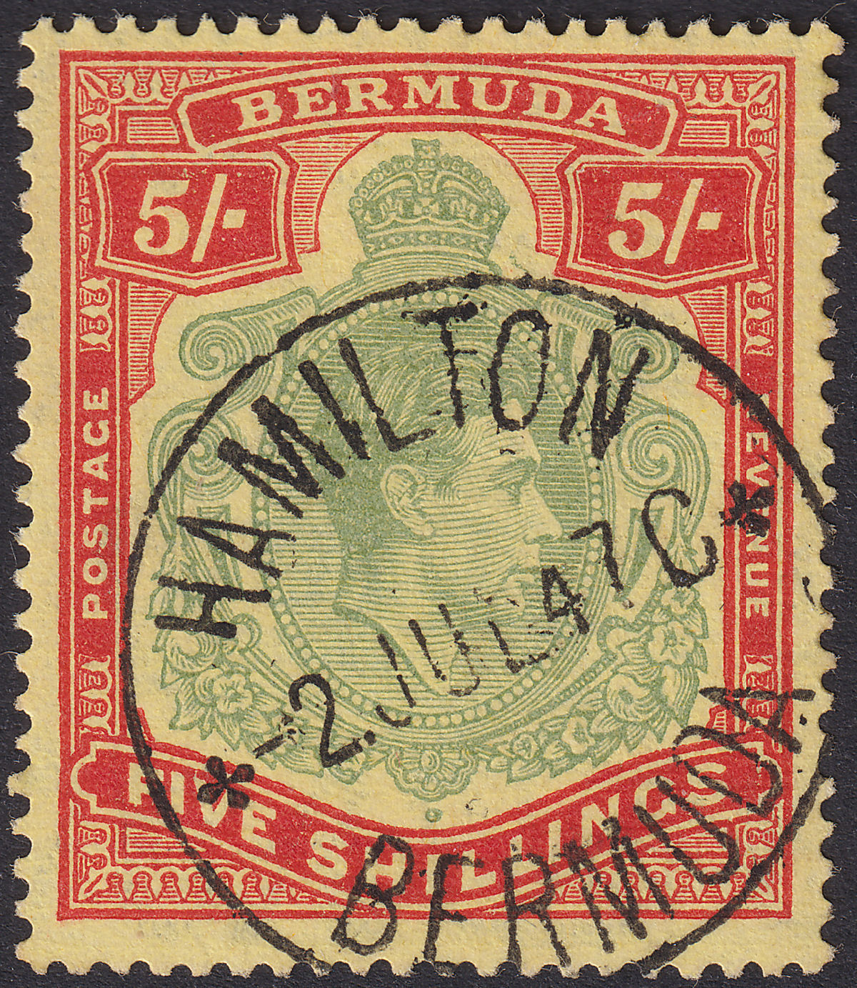 Bermuda 1943 KGVI 5sh Bluish-Green + Carmine-Red on Pale Yellow p14 Used SG118d