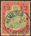 Click for more photos and details Bermuda 1943 KGVI 5sh Bluish-Green + Carmine-Red on Pale Yellow p14 Used SG118d