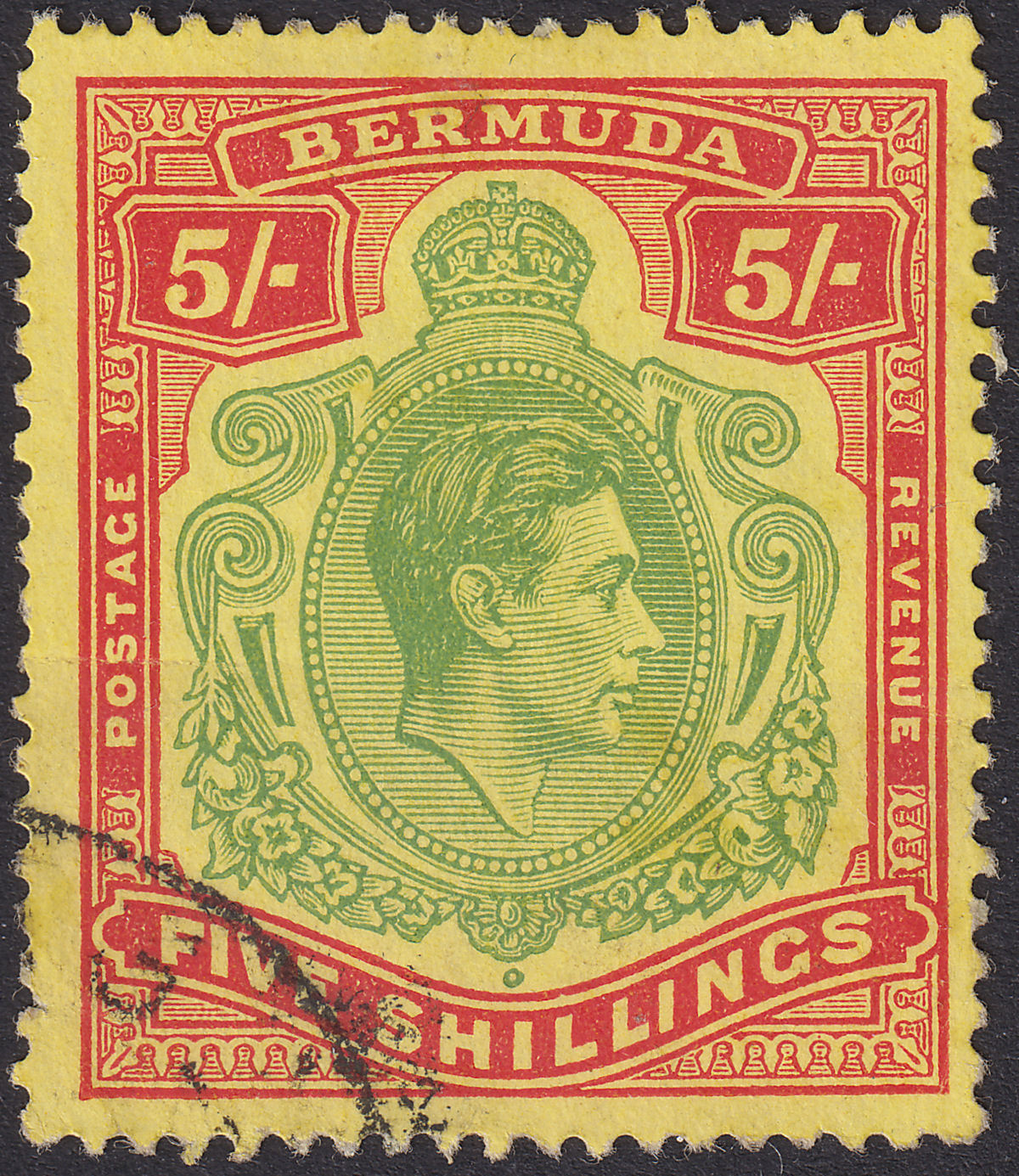 Bermuda 1950 KGVI 5sh Deep Green + Bright Red on Yellow p13 Used SG118g cat £65