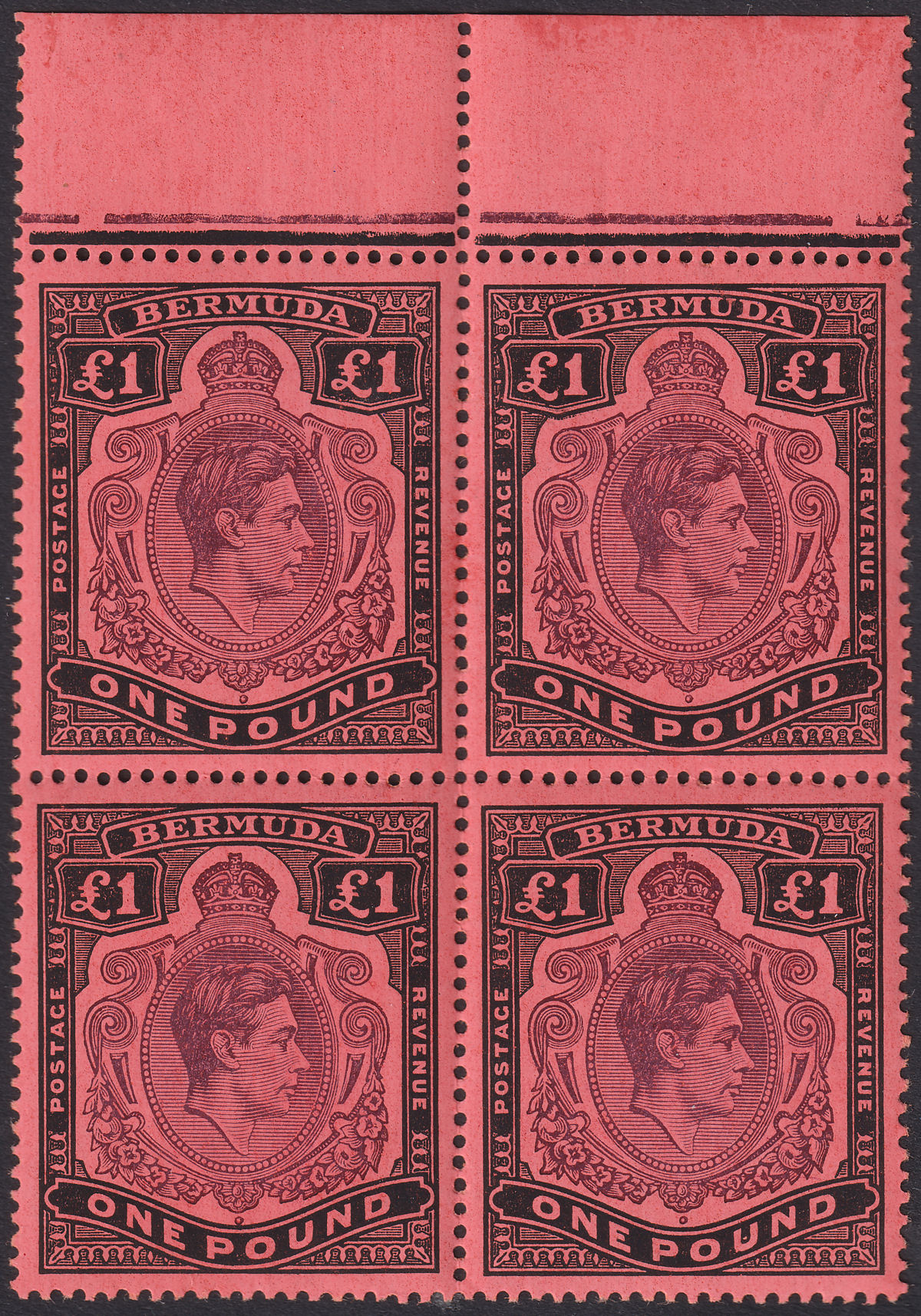 Bermuda 1946 KGVI £1 Bluish-Purple + Black on Salmon p14 Block of 4 Mint SG121c