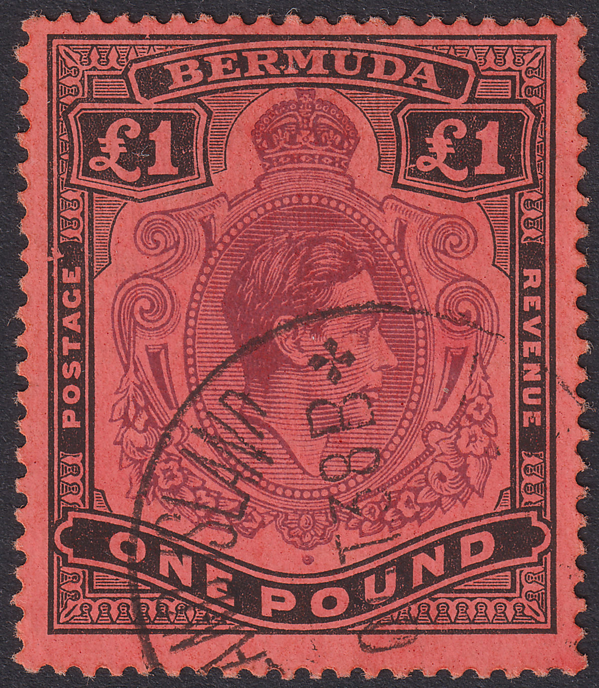 Bermuda 1937 KGVI £1 Purple + Black on Red p14 Frame Flaw 1A Used SG121 faded