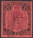 Click for more photos and details Bermuda 1937 KGVI £1 Purple + Black on Red p14 Frame Flaw 1A Used SG121 faded
