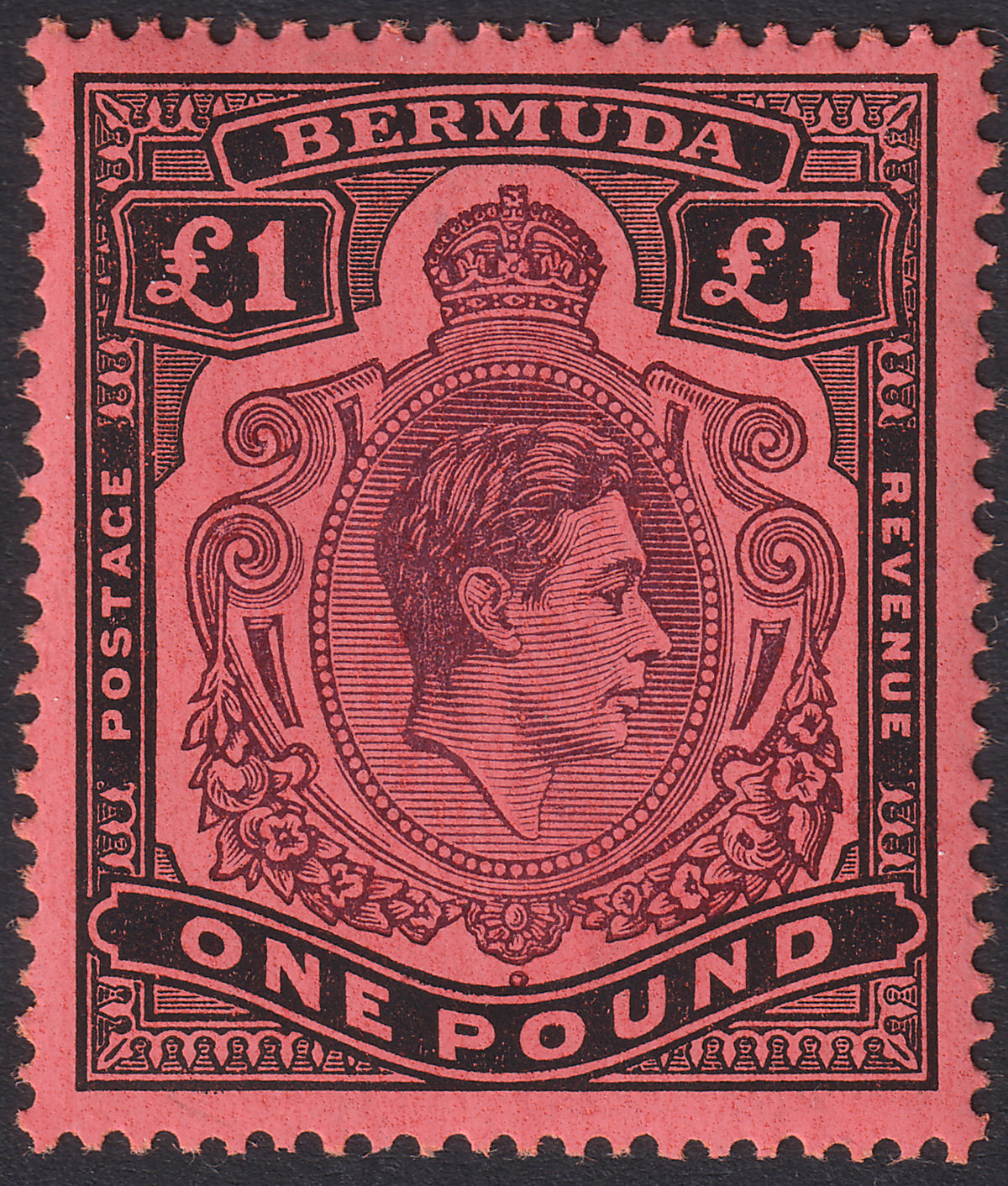 Bermuda 1946 KGVI £1 Bluish-Purple and Black on Salmon p14 Mint SG121c cat £60