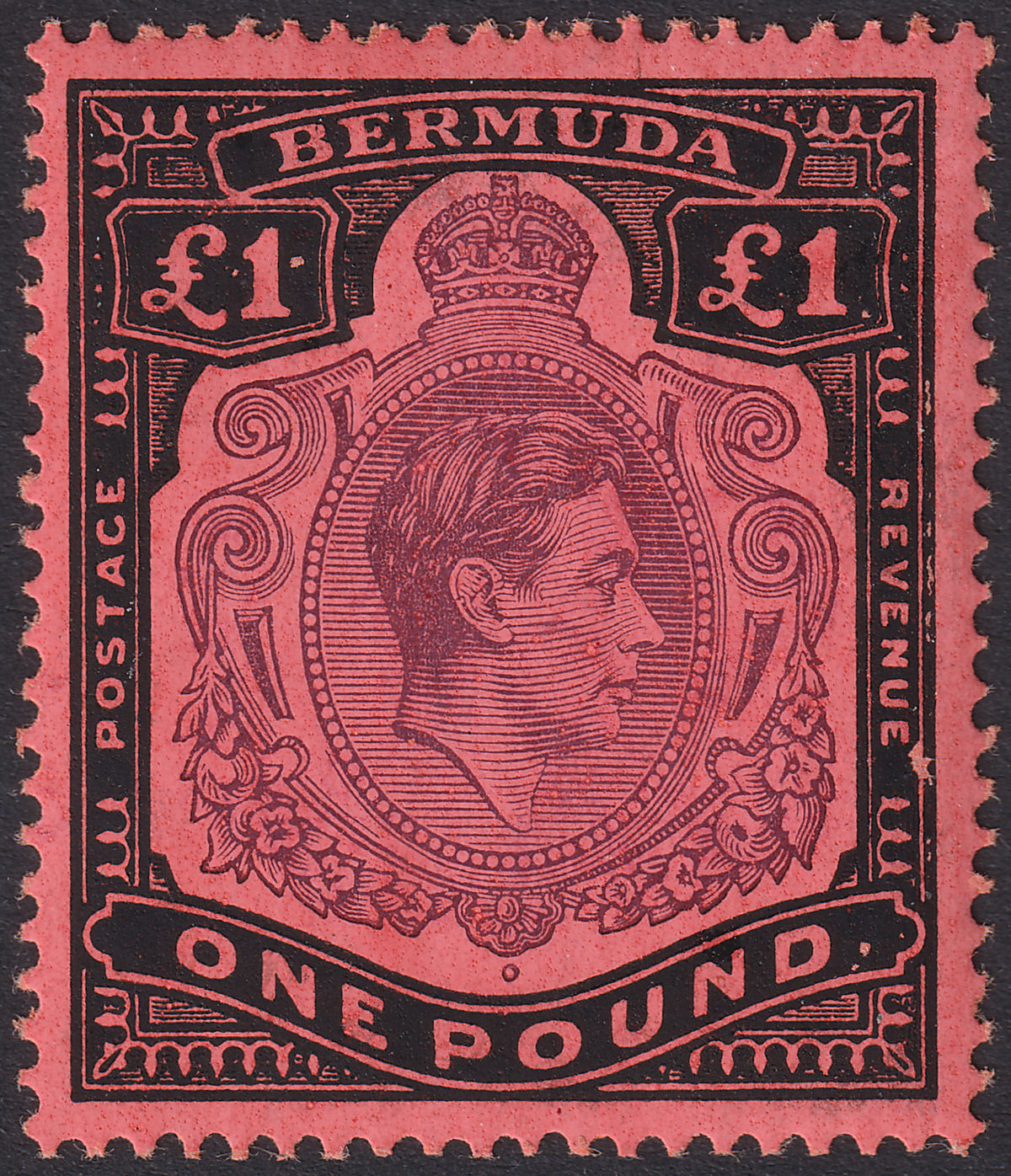 Bermuda 1945 KGVI £1 Deep Purple and Jet Black on Salmon p14 Mint SG121c cat £60