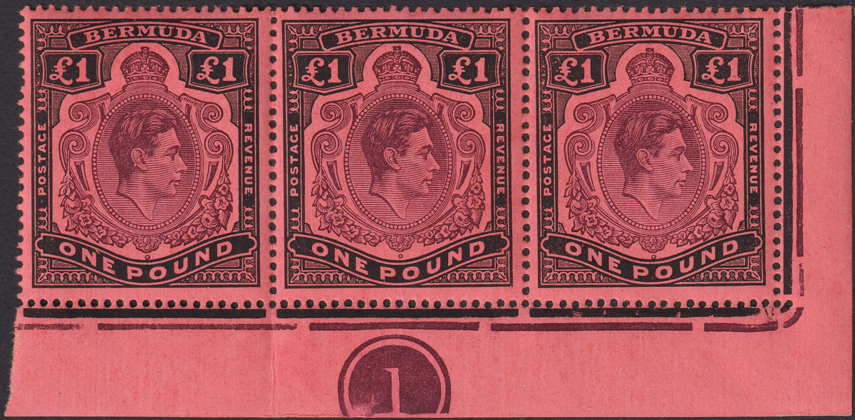 Bermuda 1946 KGVI £1 Bluish-Purple + Blk p14 Plate Corner Strip of 3 Mint SG121c