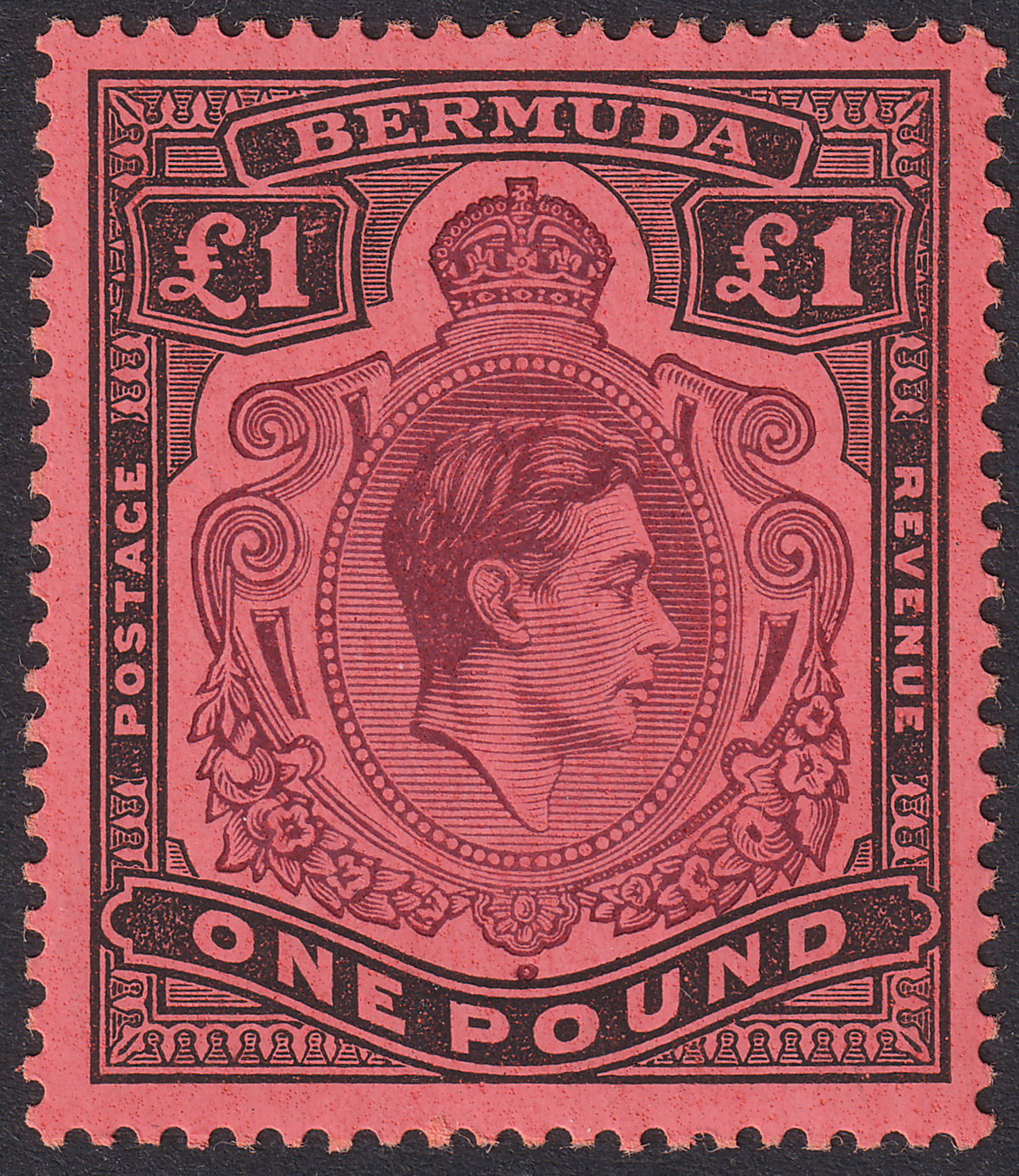 Bermuda 1943 KGVI £1 Purple and Black on Salmon p14 Mint SG121c