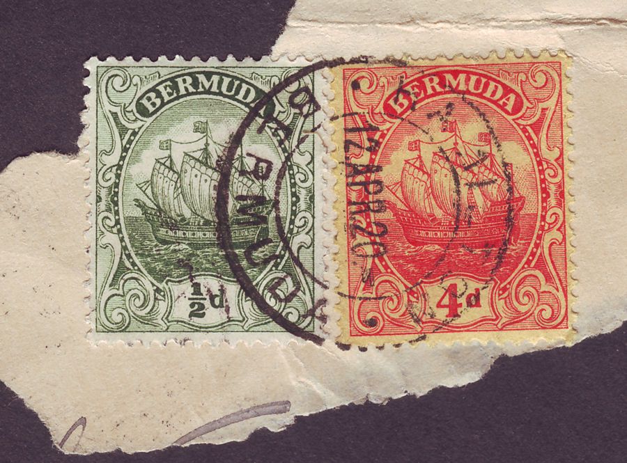 Bermuda 1920 KGV Clipper Ship 4d + ½d Crown CA Used on Piece SG49a