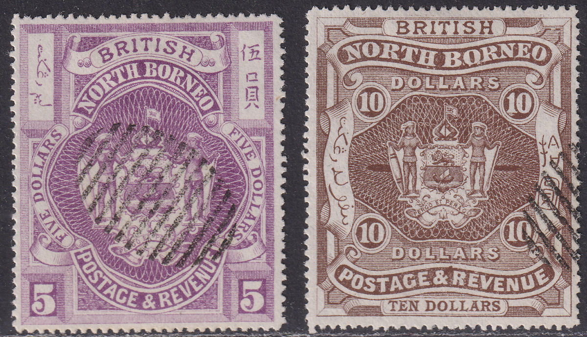 North Borneo 1889 QV $5 Bright Purple, $10 Brown CTO Used SG49-50 cat £25