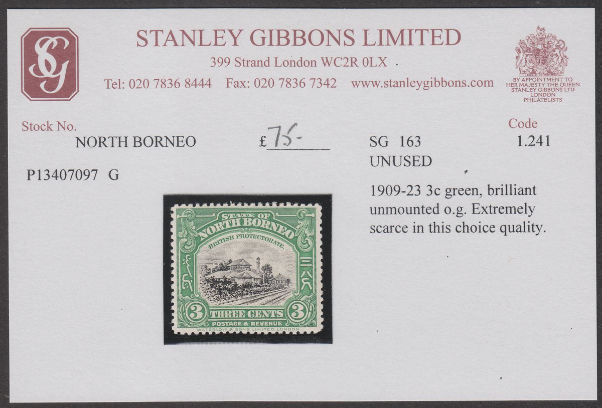 North Borneo 1923 KGV Railway 3c Black + Green Perf 13½-14 Mint SG163 cat £55