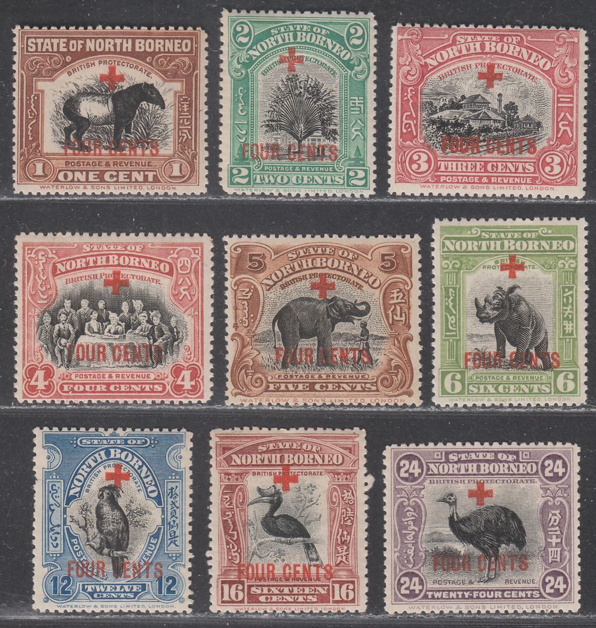 North Borneo 1918 KGV Red Cross Surcharge Part Set to 24c Mint