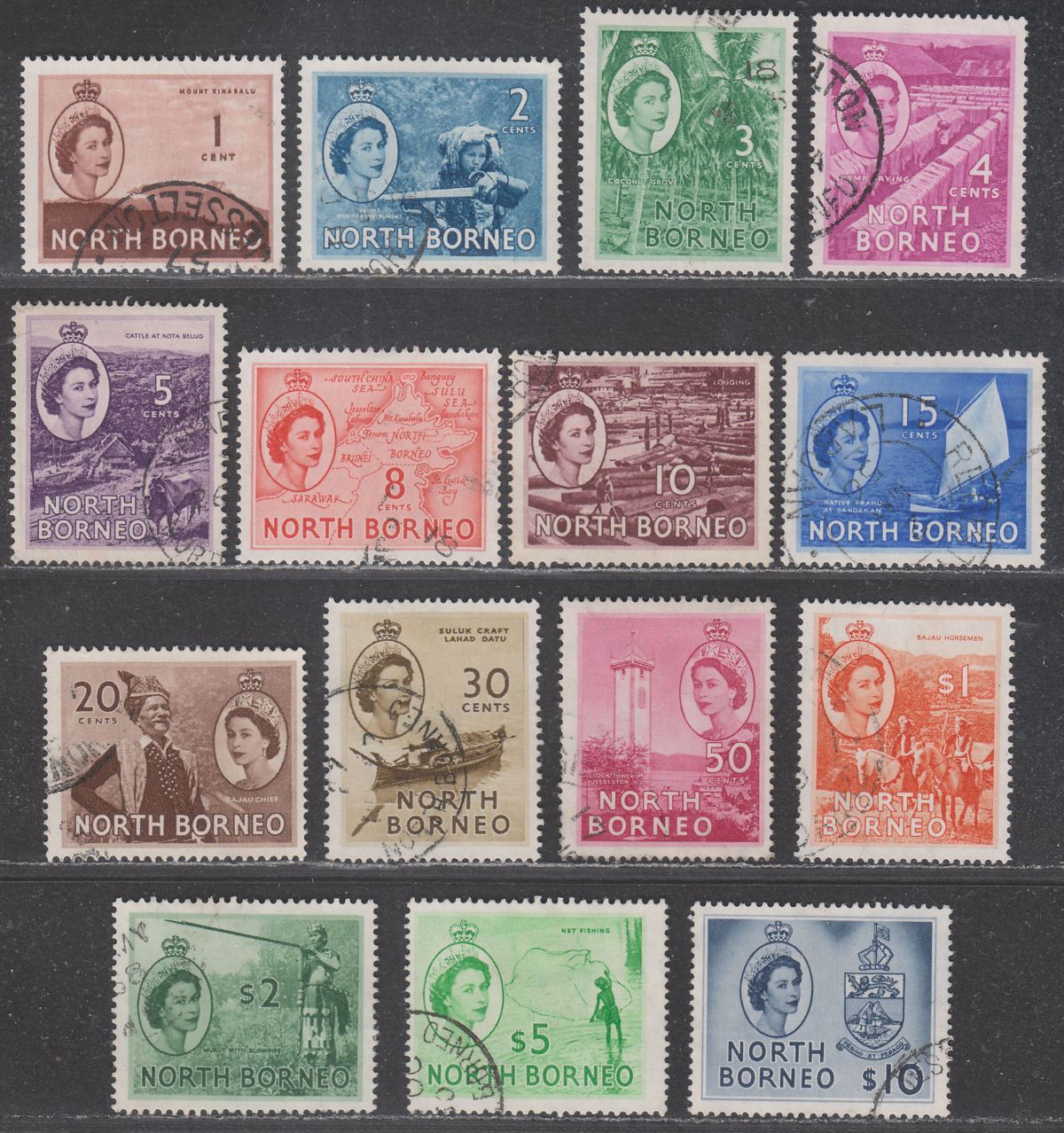 North Borneo 1954 Queen Elizabeth II Set Used SG372-386 cat £80