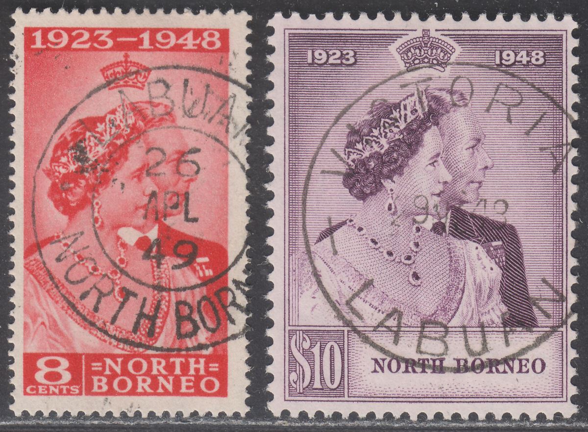 North Borneo 1948 KGVI Royal Silver Wedding 8c, $10 Used SG350-351 cat £40 RSW