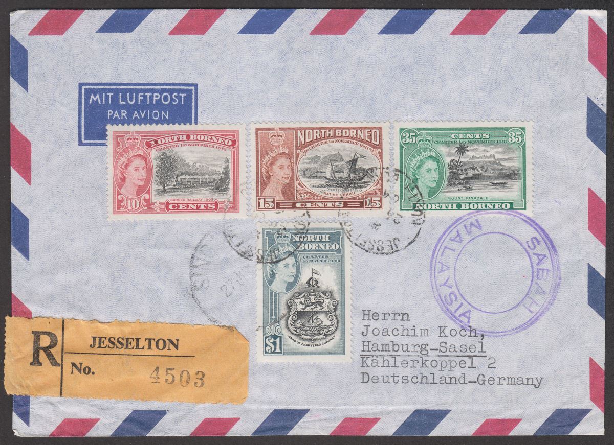 North Borneo 1964 QEII 75th Anniv Set Used on Registered Airmail Cover - Germany