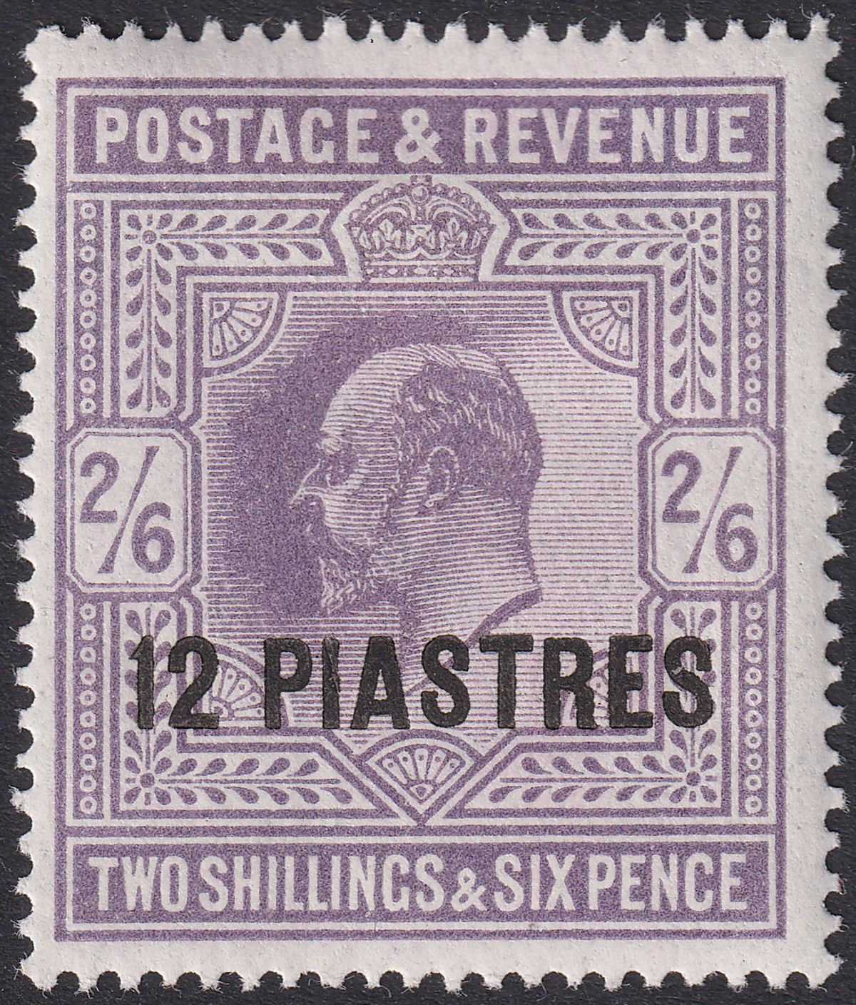 British Levant 1912 KEVII 12pi on 2sh6d Dull Greyish Purple Mint SG33a cat £65