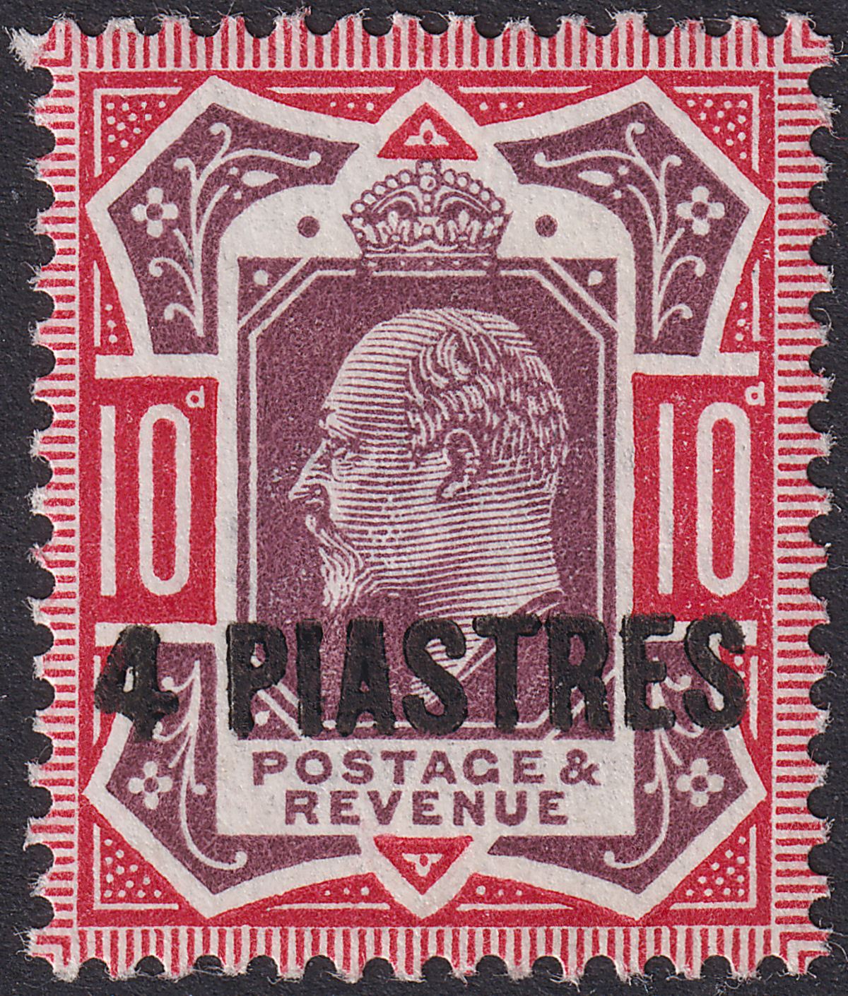 British Levant 1912 KEVII 4pi on 10d Dull Reddish Purple and Carmine Mint SG31b