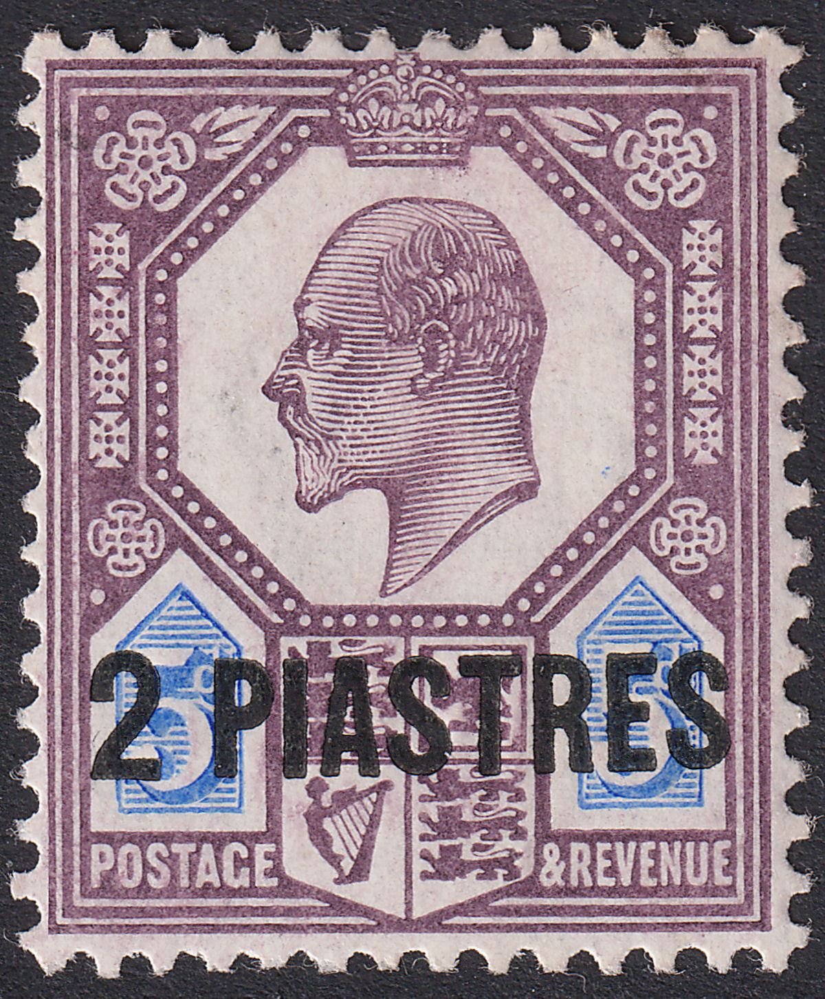 British Levant 1908 KEVII 2pi on 5d Slt-Purple + Ultramarine Chalky Mint SG14ab