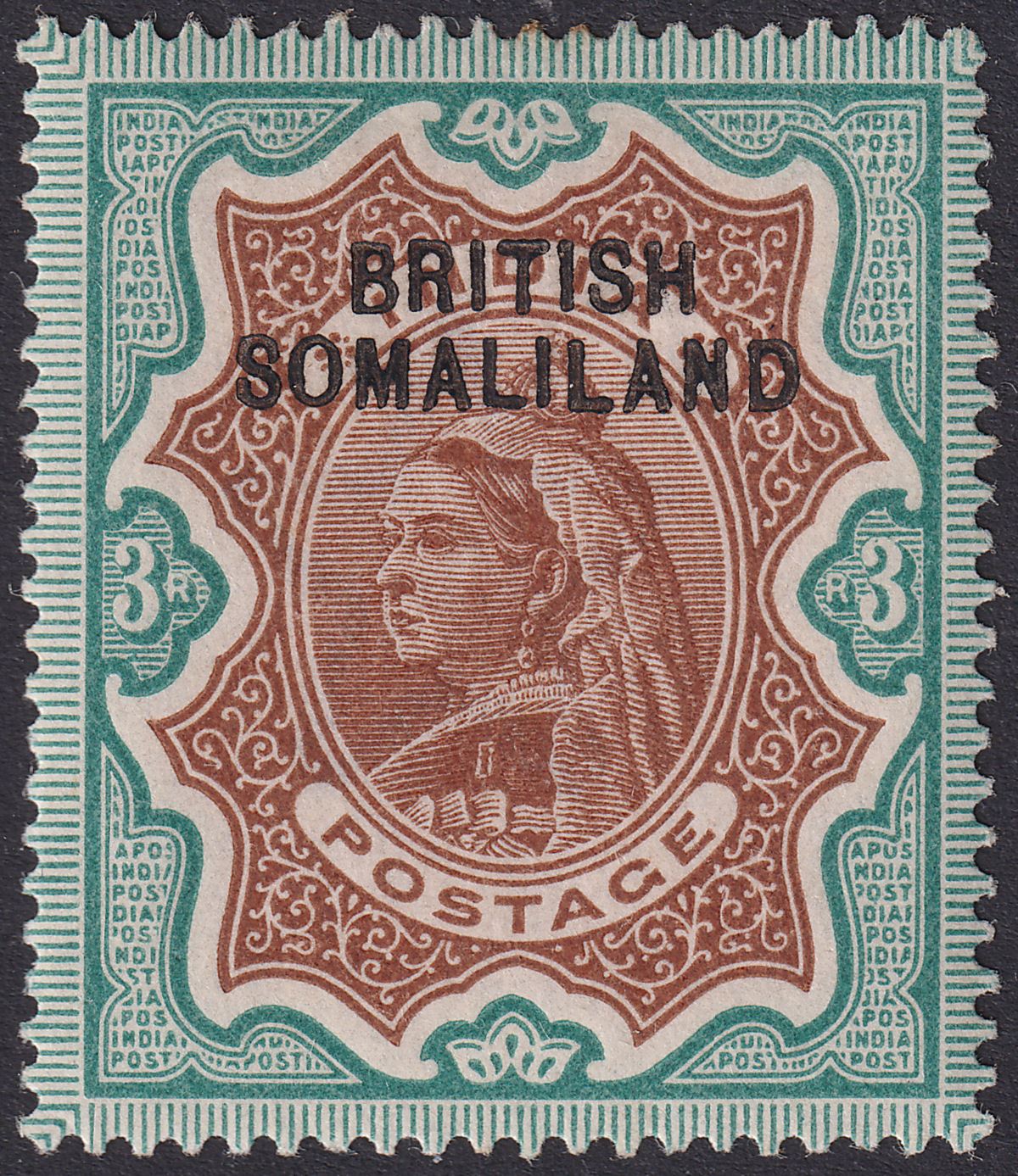British Somaliland 1903 QV Opt Top 3r Brown and Green Mint SG12 cat £35
