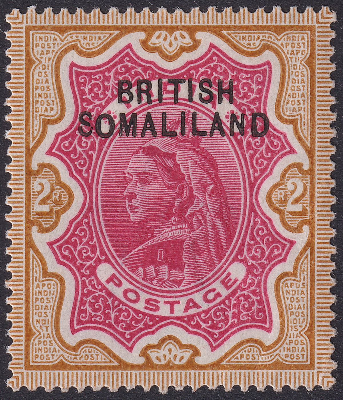 British Somaliland 1903 QV Opt Top 2r Carmine and Yellow-Brown Mint SG11 cat £35