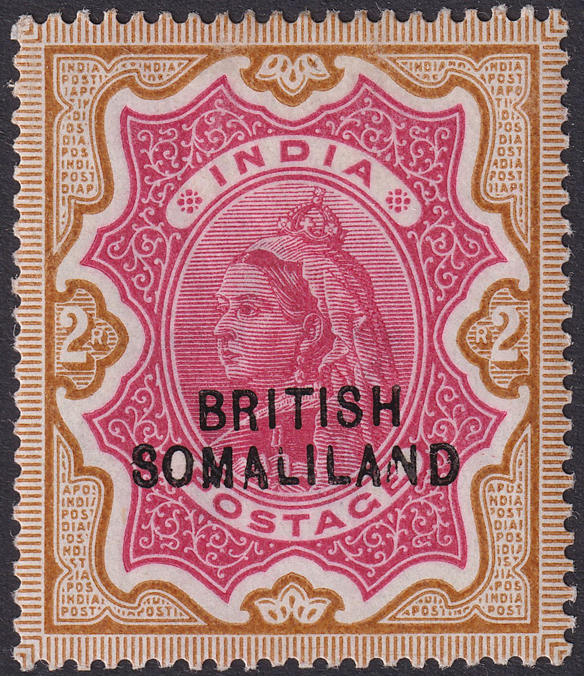 British Somaliland 1903 QV Opt Bottom 2r Carmine + Yellow-Brown Mint SG22 c£130
