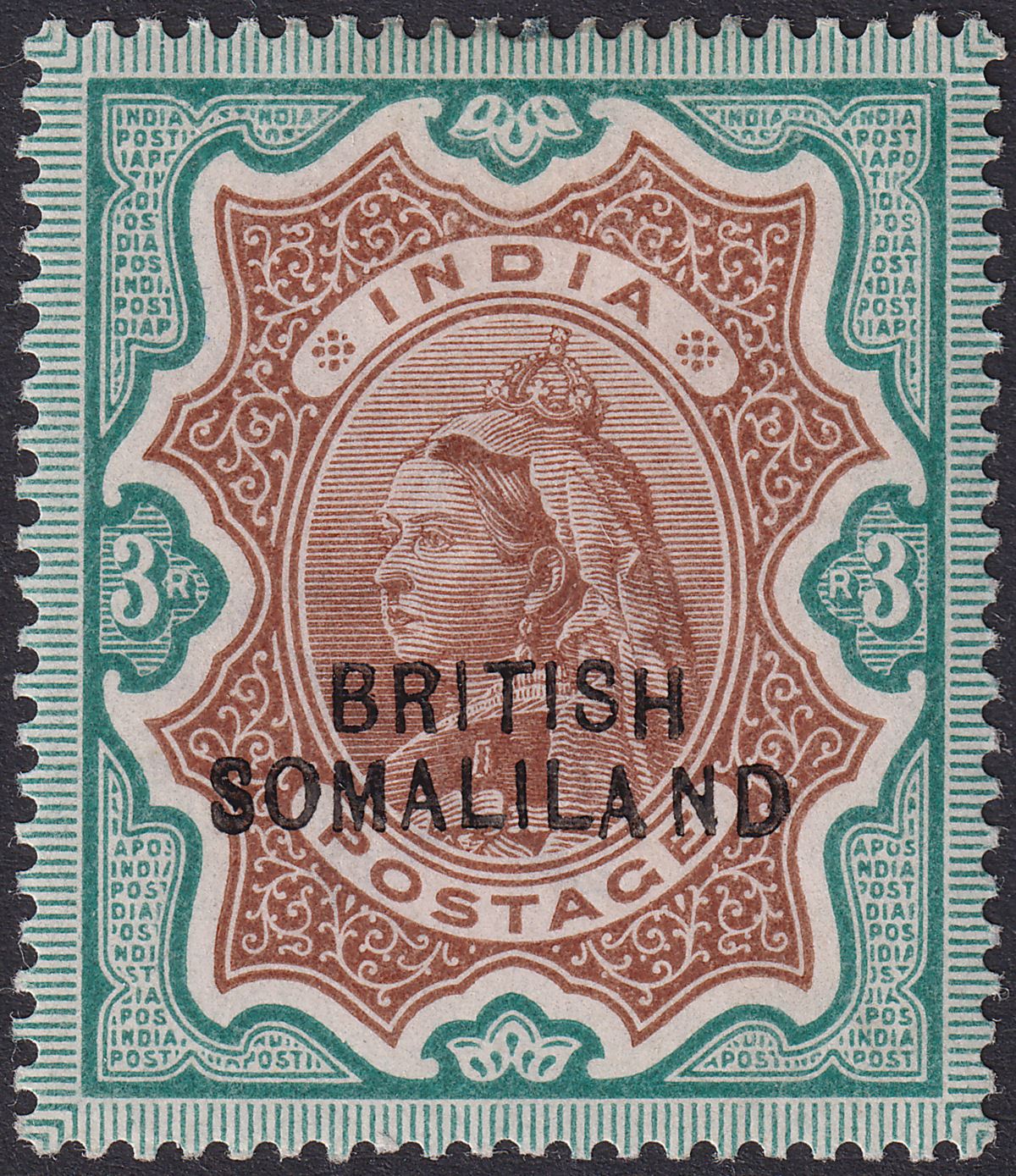 British Somaliland 1903 QV Opt Bottom 3r Brown and Green Mint SG23 cat £140