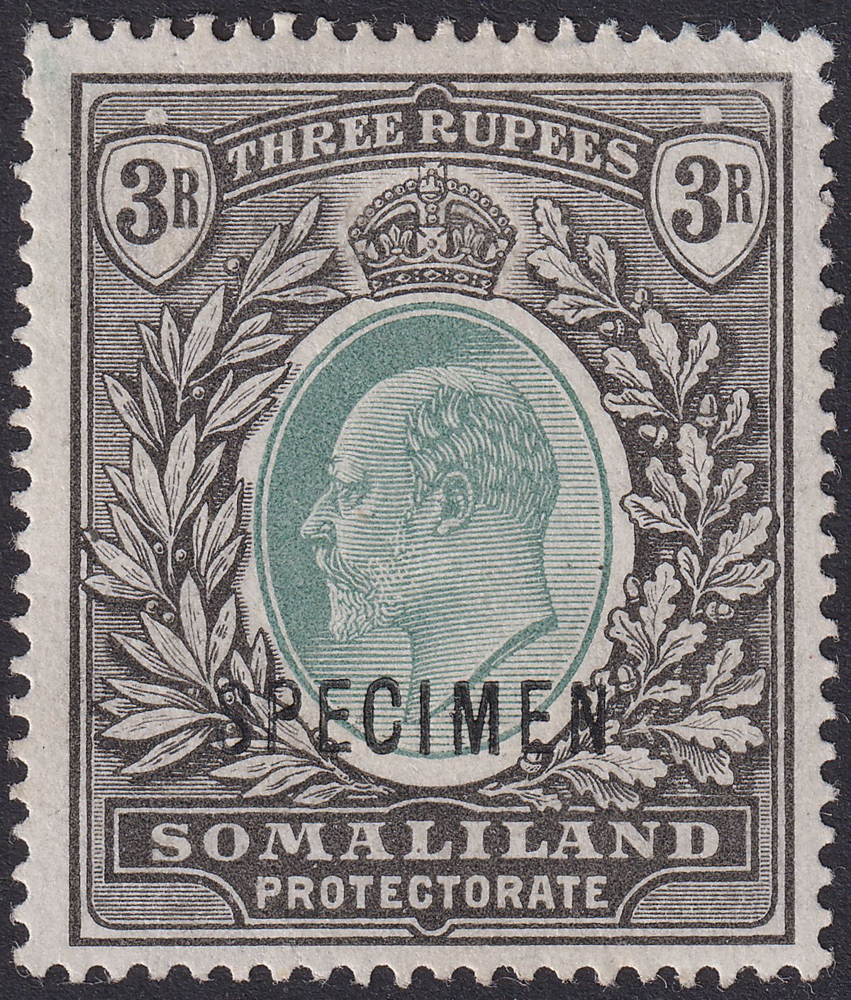 Somaliland Protectorate 1904 KEVII SPECIMEN Opt 3r Green and Black Mint SG43s