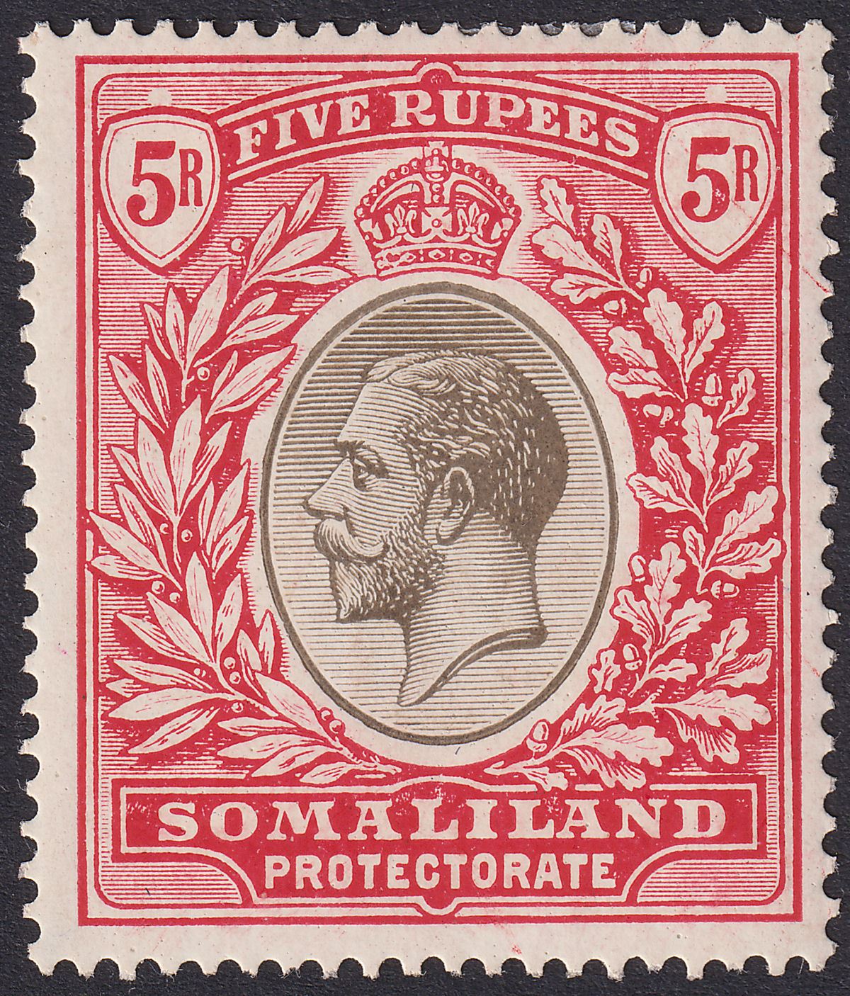 Somaliland Protectorate 1921 KGV 5r Black and Scarlet Mint SG85 cat £100