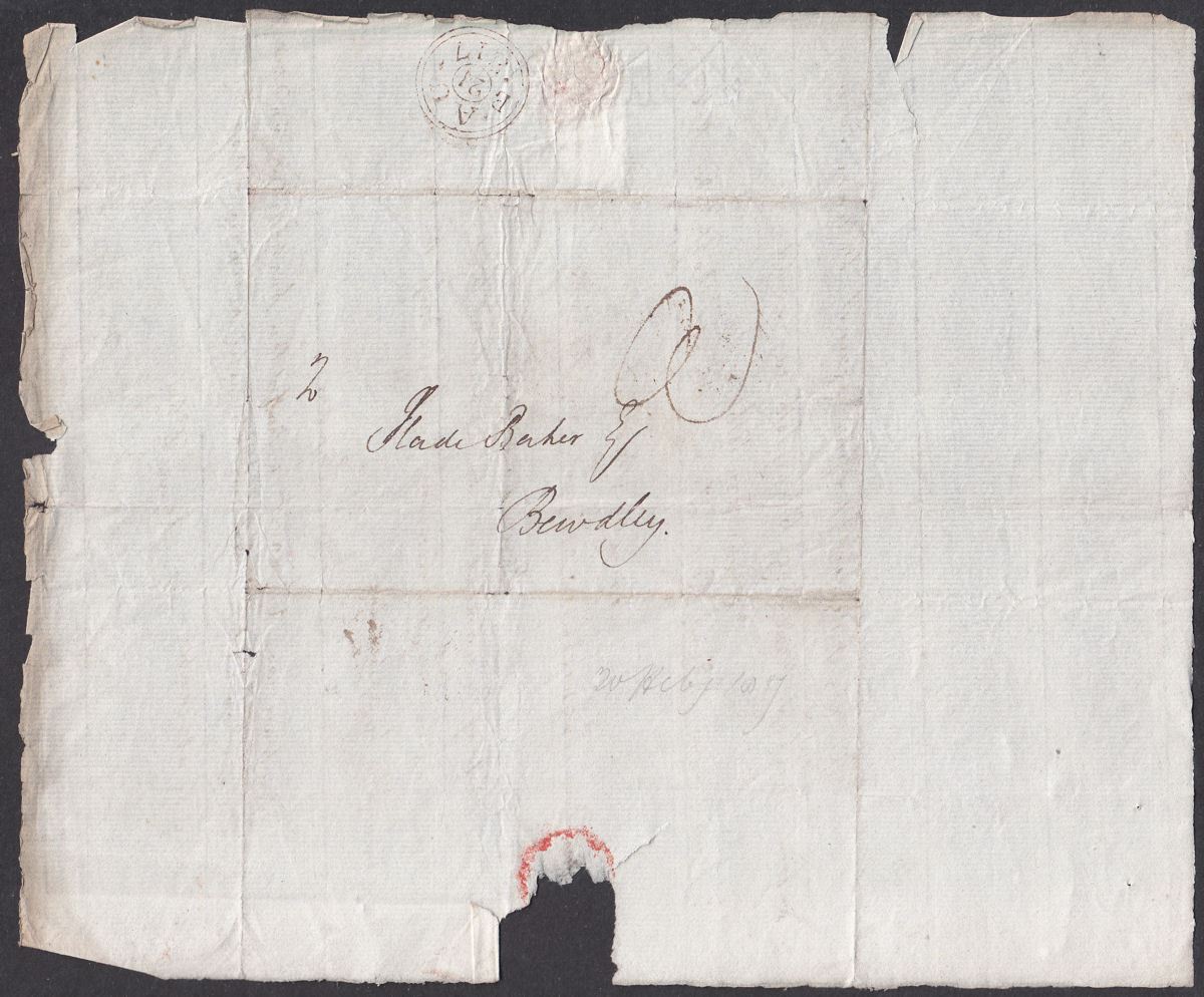 Great Britain 1817 Pre-Stamp Entire Sent to Slade Baker, Bewdley