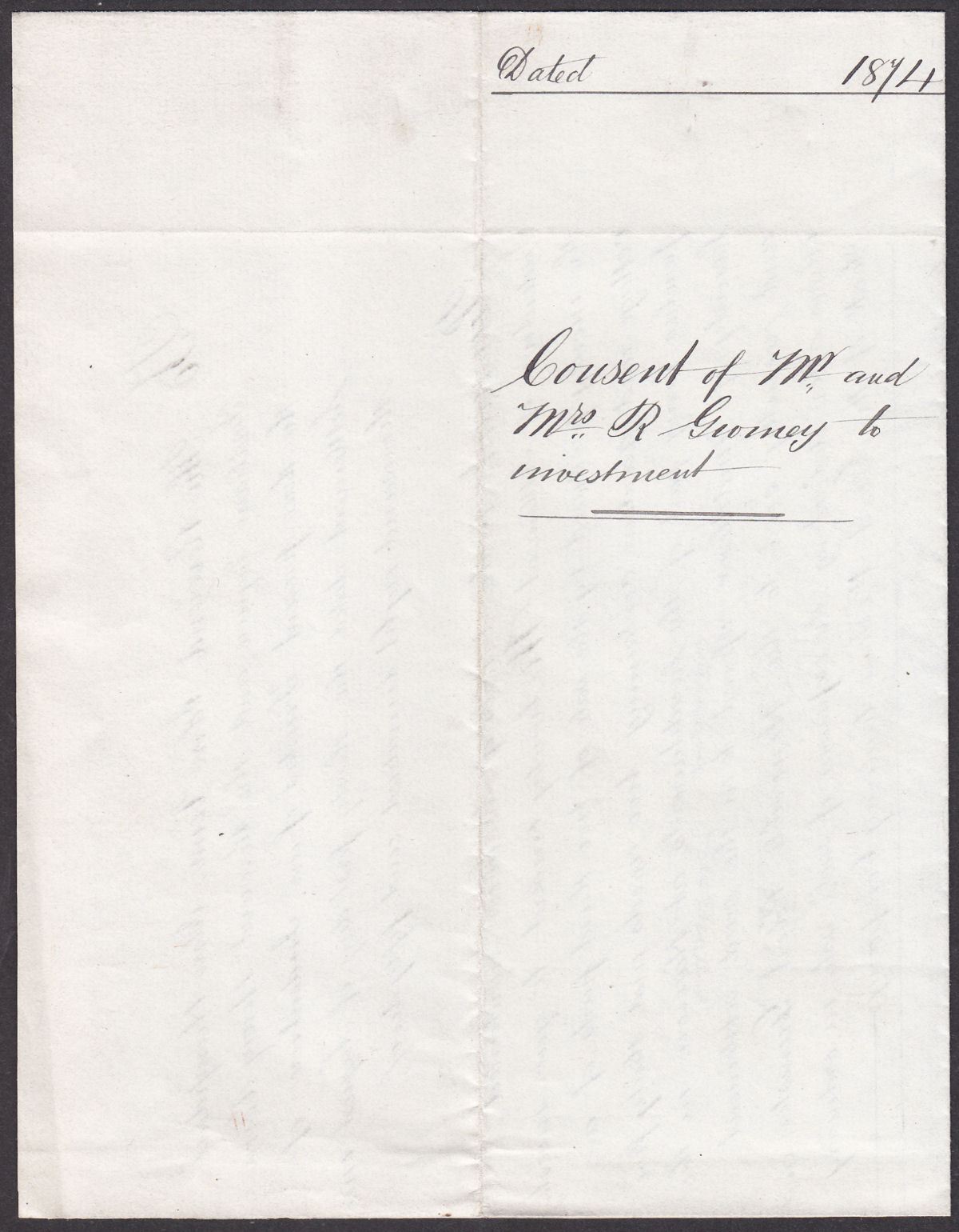 Great Britain 1874 Manuscript Investment Consent Document