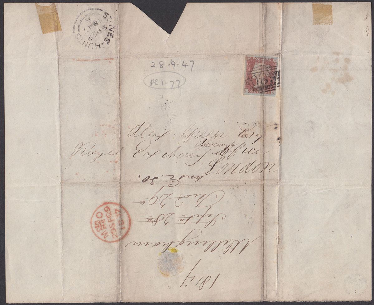 QV 1847 1d Red Imperf Used on Wrapper to London w St Ives Numeral 680 Postmark