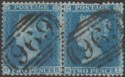 QV 1855 2d Blue Pair Used with Settle 696 Postmarks SG34 perf fault