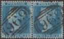 Click for more photos and details QV 1855 2d Blue Pair Used with Settle 696 Postmarks SG34 perf fault