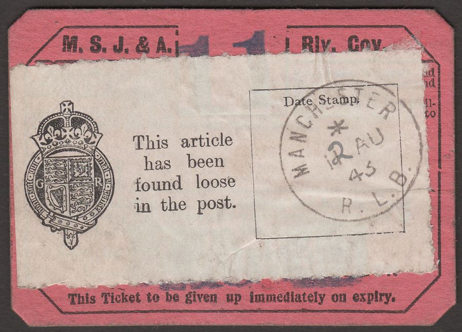 GB 1943 Found Loose in Post Label Used on MSJ&A Railway Weekly Season Ticket