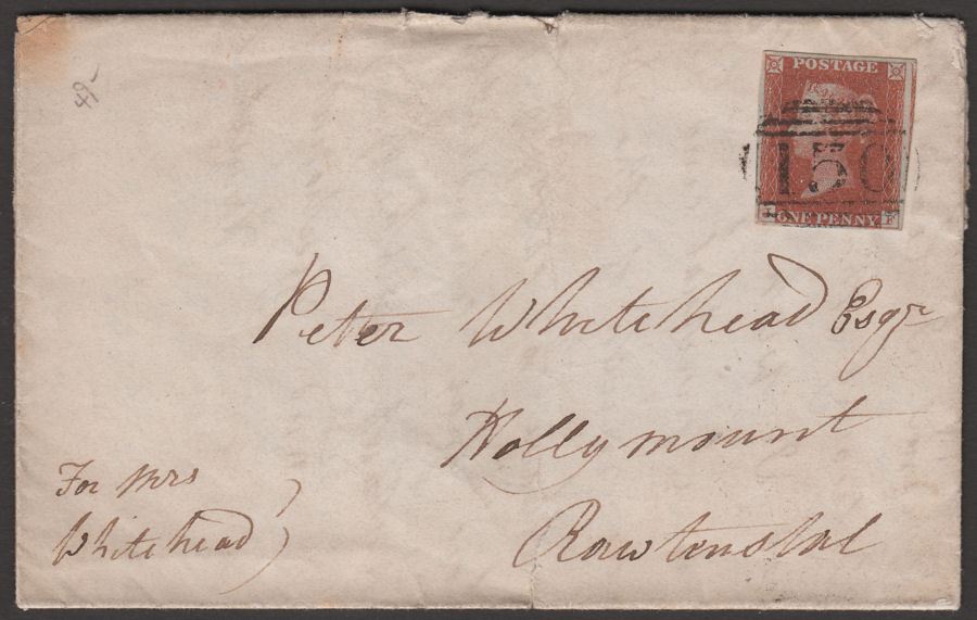 Queen Victoria 1844 1d Imperf Used on Entire with Numeral 150 Postmark Burnley
