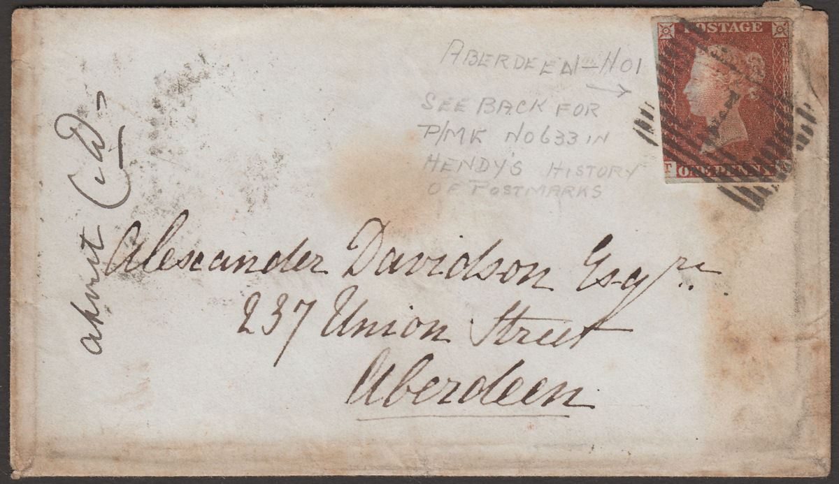 QV 1845 1d Red Imperforate Used on Local Cover with Aberdeen Numeral 1 Postmark