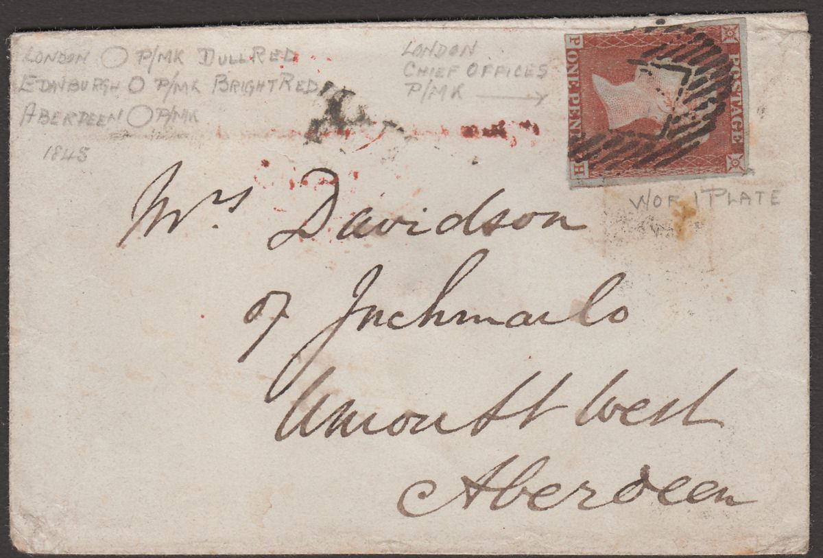 QV 1845 1d Red Imperforate Used on Cover London to Aberdeen w backstamps