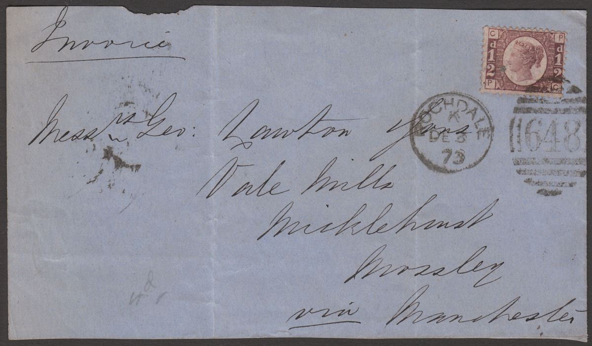QV 1873 ½d Plate 5 Used on Cover Piece Rochdale to Mossley, Manchester